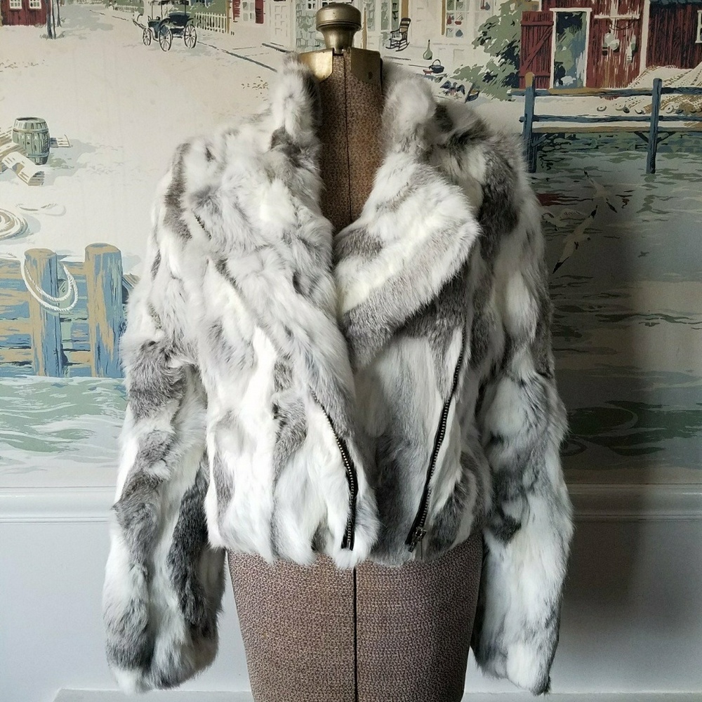 Adrienne Landau Textured Rabbit Fur Biker Jacket